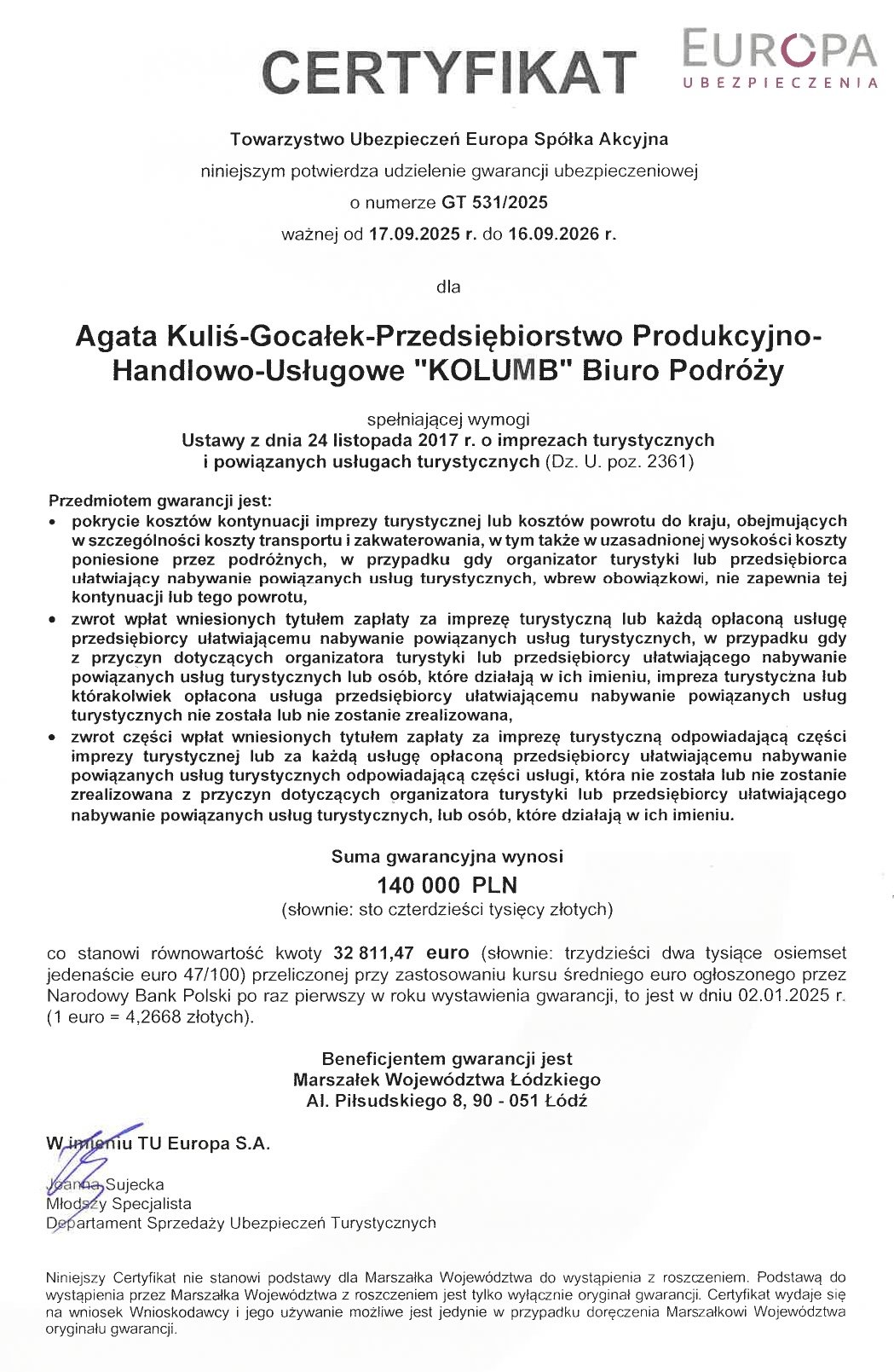 Certyfikat gwarancji ubezpieczeniowej